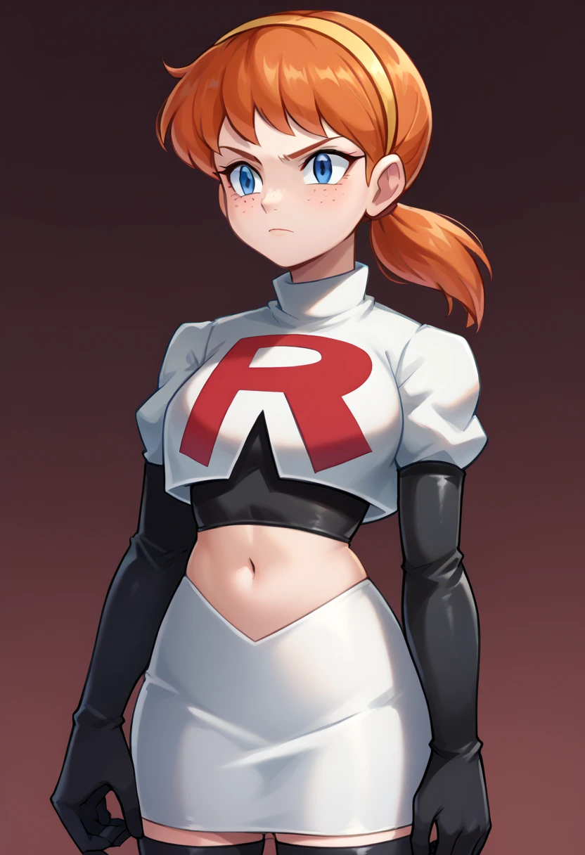 score_9,score_8_up,score_7_up BREAK april2012,1girl,solo,blue eyes,freckles,ponytail,hairband,orange hair,team rocket,team rocket uniform,white skirt,red letter R,crop top,black thigh-highs,black elbow gloves