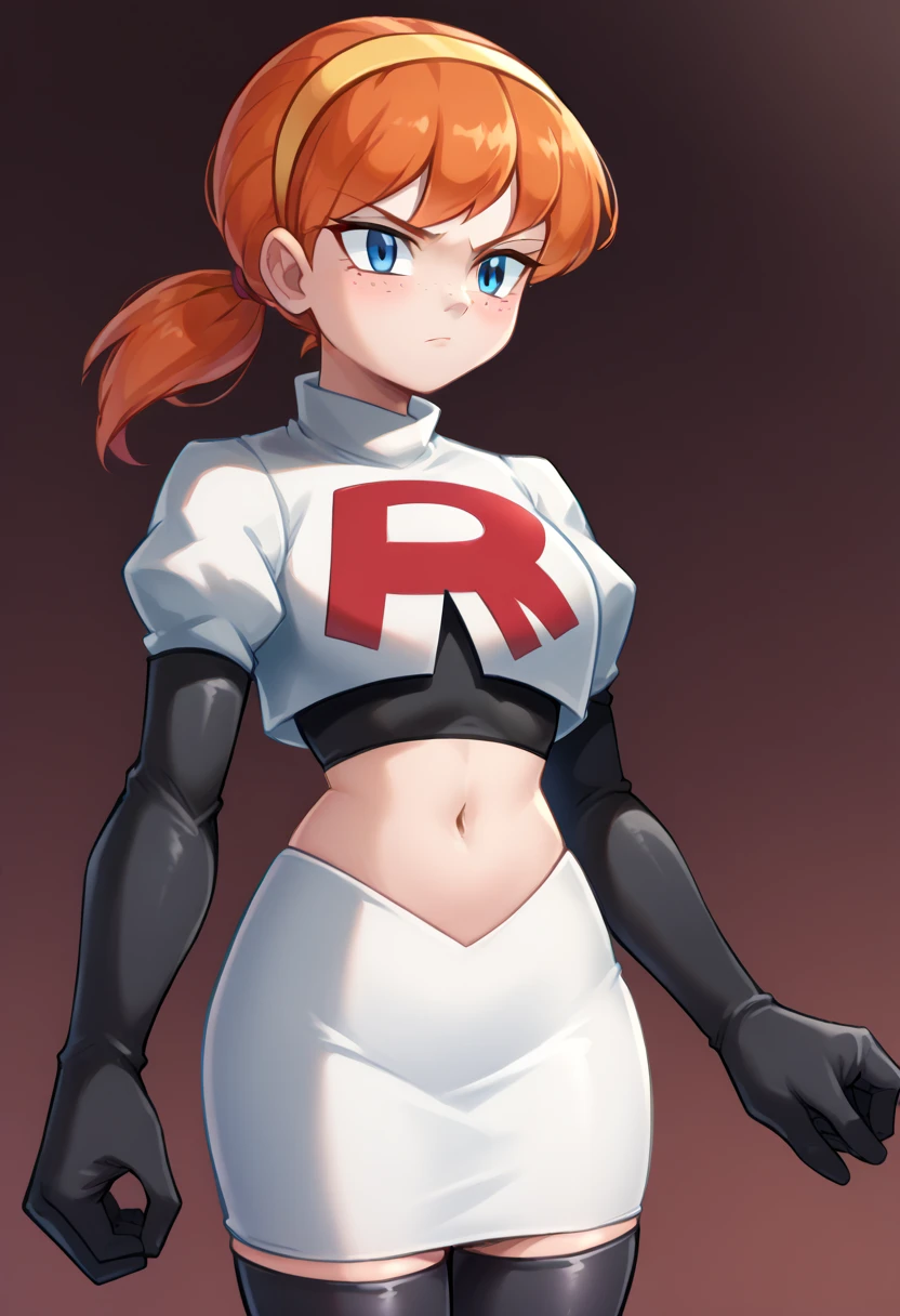 score_9,score_8_up,score_7_up BREAK april2012,1girl,solo,blue eyes,freckles,ponytail,hairband,orange hair,team rocket,team rocket uniform,white skirt,red letter R,crop top,black thigh-highs,black elbow gloves