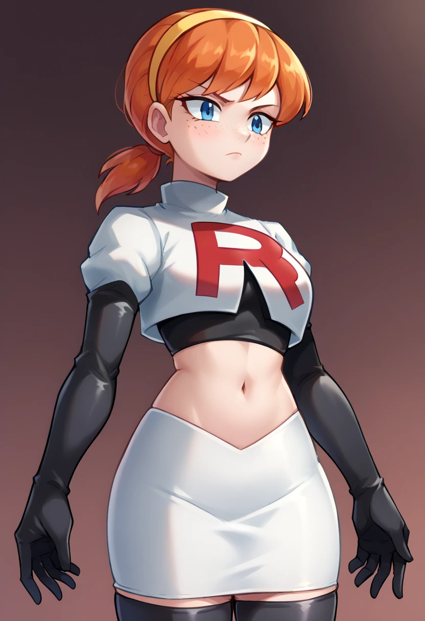 score_9,score_8_up,score_7_up BREAK april2012,1girl,solo,blue eyes,freckles,ponytail,hairband,orange hair,team rocket,team rocket uniform,white skirt,red letter R,crop top,black thigh-highs,black elbow gloves