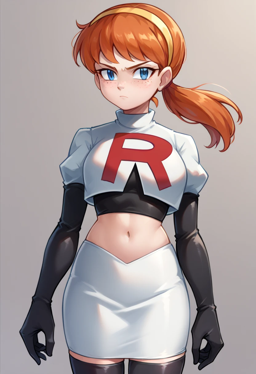 score_9,score_8_up,score_7_up BREAK april2012,1girl,solo,blue eyes,freckles,ponytail,hairband,orange hair,team rocket,team rocket uniform,white skirt,red letter R,crop top,black thigh-highs,black elbow gloves