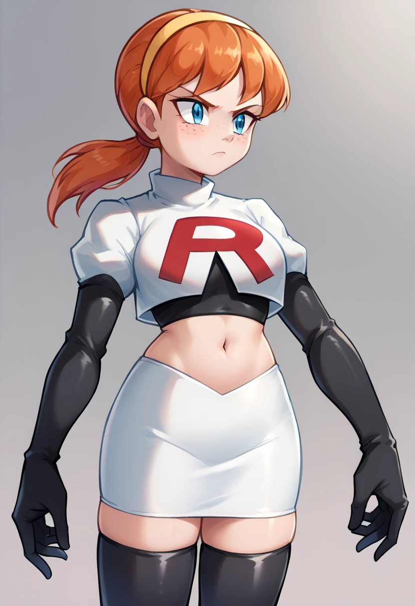 score_9,score_8_up,score_7_up BREAK april2012,1girl,solo,blue eyes,freckles,ponytail,hairband,orange hair,team rocket,team rocket uniform,white skirt,red letter R,crop top,black thigh-highs,black elbow gloves