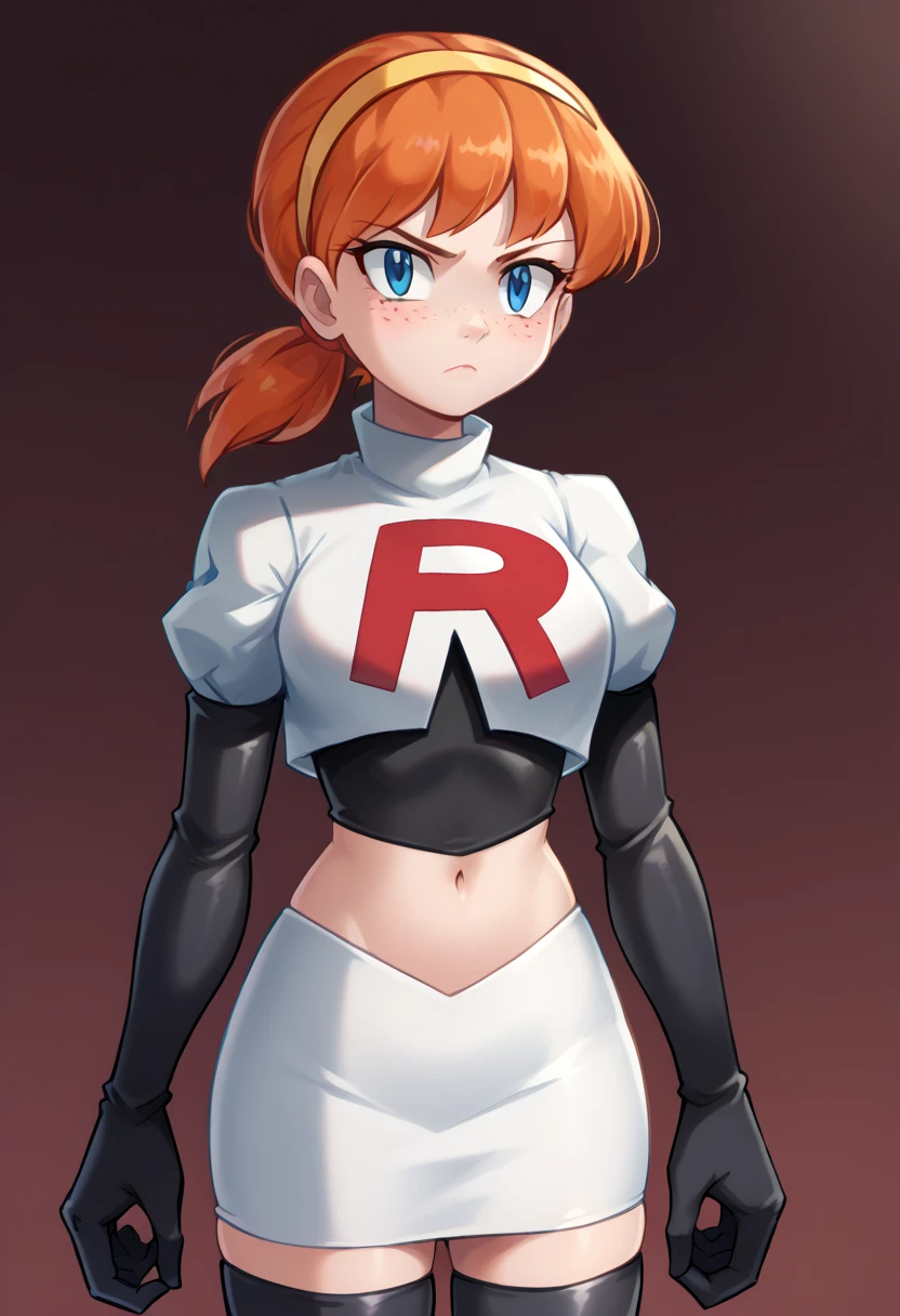 score_9,score_8_up,score_7_up BREAK april2012,1girl,solo,blue eyes,freckles,ponytail,hairband,orange hair,team rocket,team rocket uniform,white skirt,red letter R,crop top,black thigh-highs,black elbow gloves