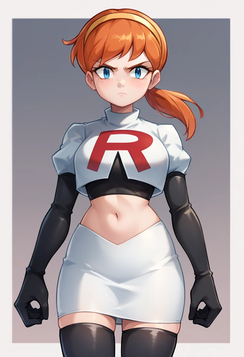 score_9,score_8_up,score_7_up BREAK april2012,1girl,solo,blue eyes,freckles,ponytail,hairband,orange hair,team rocket,team rocket uniform,white skirt,red letter R,crop top,black thigh-highs,black elbow gloves