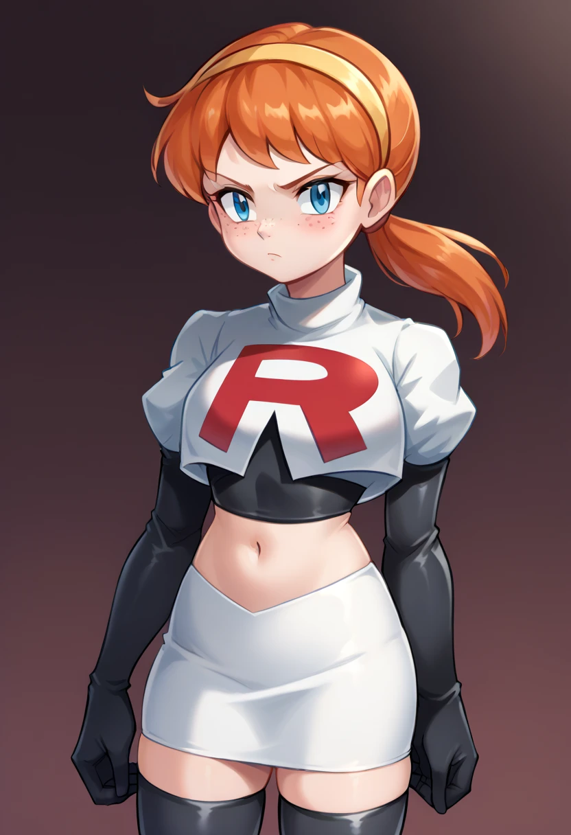 score_9,score_8_up,score_7_up BREAK april2012,1girl,solo,blue eyes,freckles,ponytail,hairband,orange hair,team rocket,team rocket uniform,white skirt,red letter R,crop top,black thigh-highs,black elbow gloves