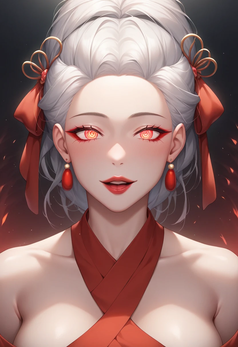 1 MATURE WOMAN , Seiko Ayase Dandadan , Very beautiful woman , intricate fine details, scenario of a temple , with no expression on her face , mental reprogramming, she awaits your command in a position of reverence to her master , she wears a red kimono she recognizes you as her master (mind control)