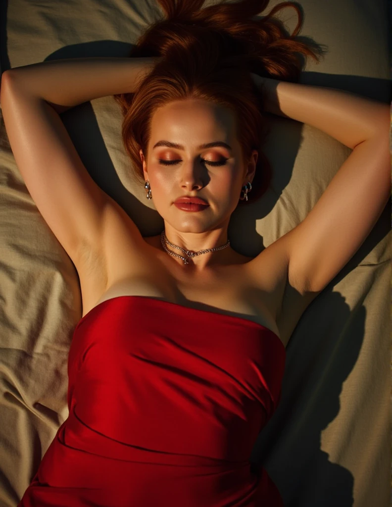 Madaline Petsch, picture from above, lying limp on a bed on back, red strapless dress , drunk face, arms up, blank stare