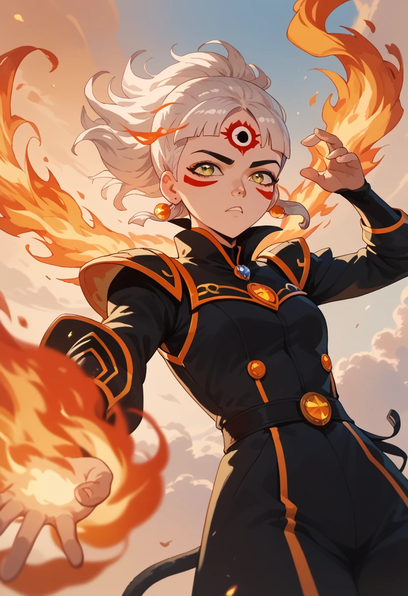 woman, fire hair, white skin, red face paint, jentry chau, anime style, fire powers, yellow eyes, white hair, feline style third eye on forehead, fire in hands, voluminous hair, standing flying in the sky, orange twilight sky