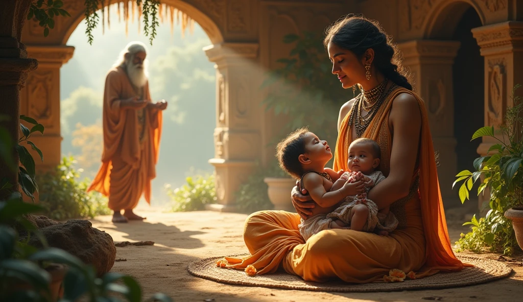Thailand art photo of ancient indian,  beautiful hot gorgeous seductive pregnant youg women,standing and shouting,surrounded by the peoples and monks, shakyamuni gautam buddha in monk robes sitting under a tree, cinematic realistic image, detailed photo. Photo realistic. 
