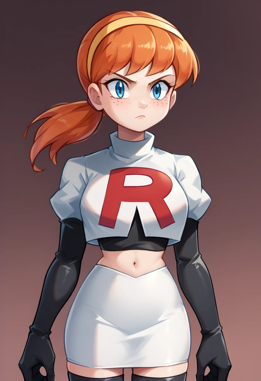 score_9,score_8_up,score_7_up BREAK april2012,1girl,solo,blue eyes,freckles,ponytail,hairband,orange hair,team rocket,team rocket uniform,white skirt,red letter R,crop top,black thigh-highs,black elbow gloves