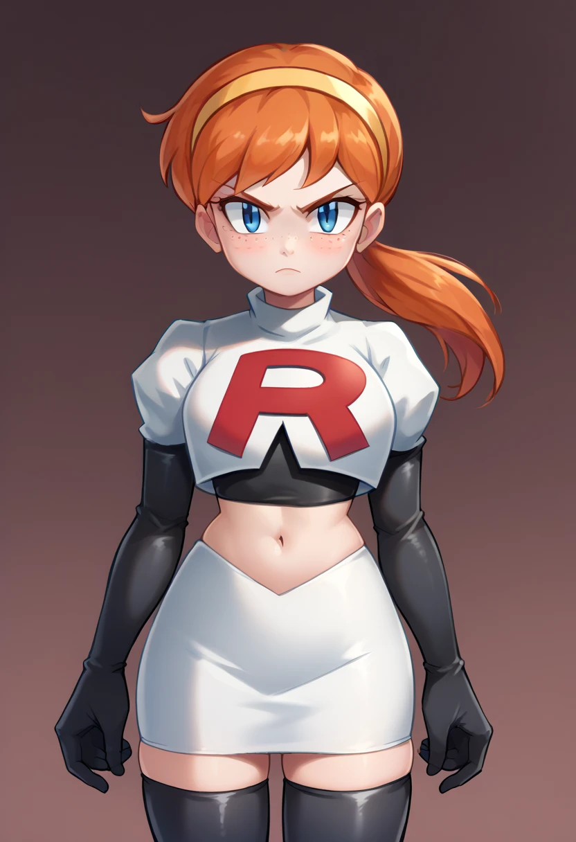 score_9,score_8_up,score_7_up BREAK april2012,1girl,solo,blue eyes,freckles,ponytail,hairband,orange hair,team rocket,team rocket uniform,white skirt,red letter R,crop top,black thigh-highs,black elbow gloves