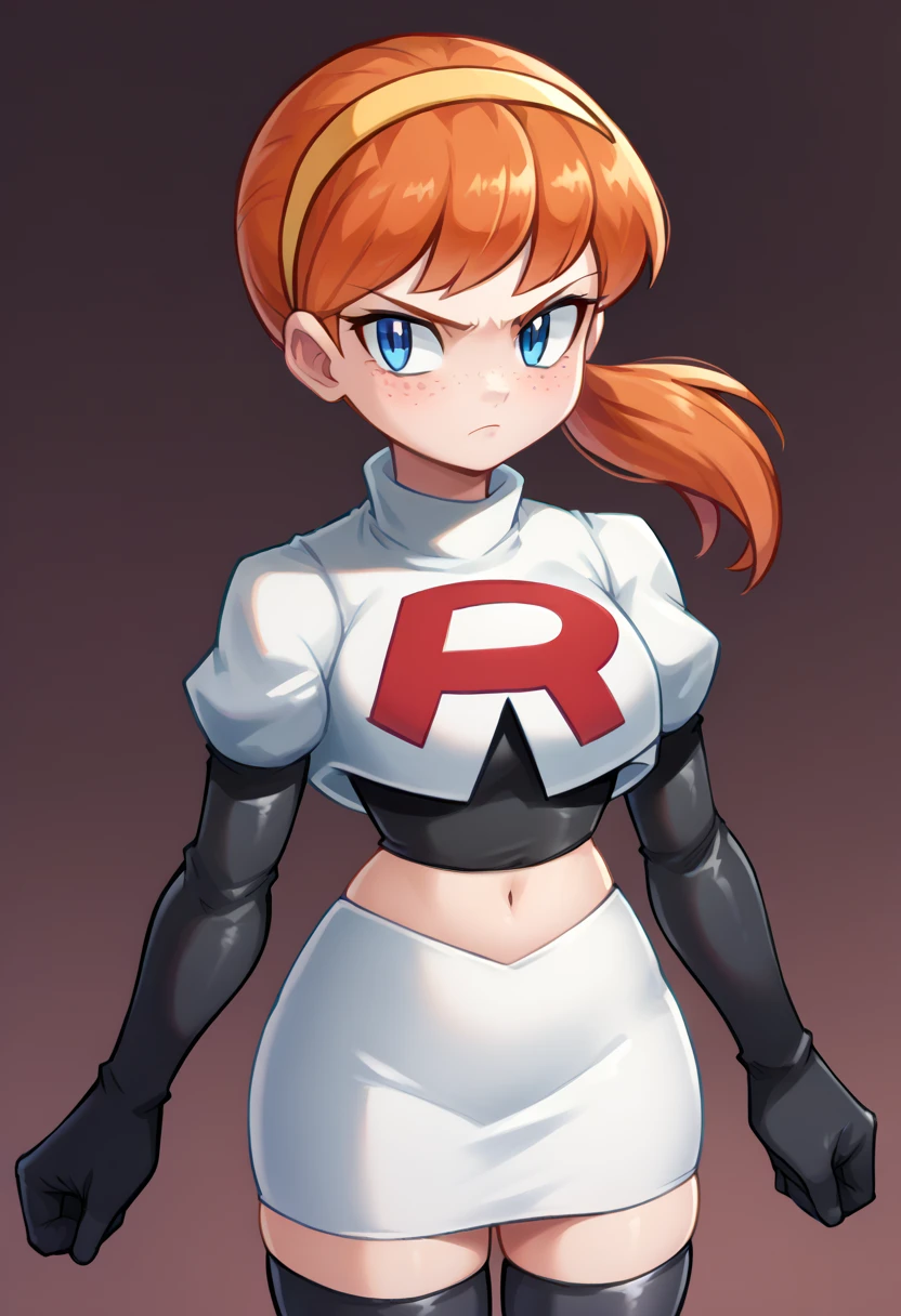 score_9,score_8_up,score_7_up BREAK april2012,1girl,solo,blue eyes,freckles,ponytail,hairband,orange hair,team rocket,team rocket uniform,white skirt,red letter R,crop top,black thigh-highs,black elbow gloves