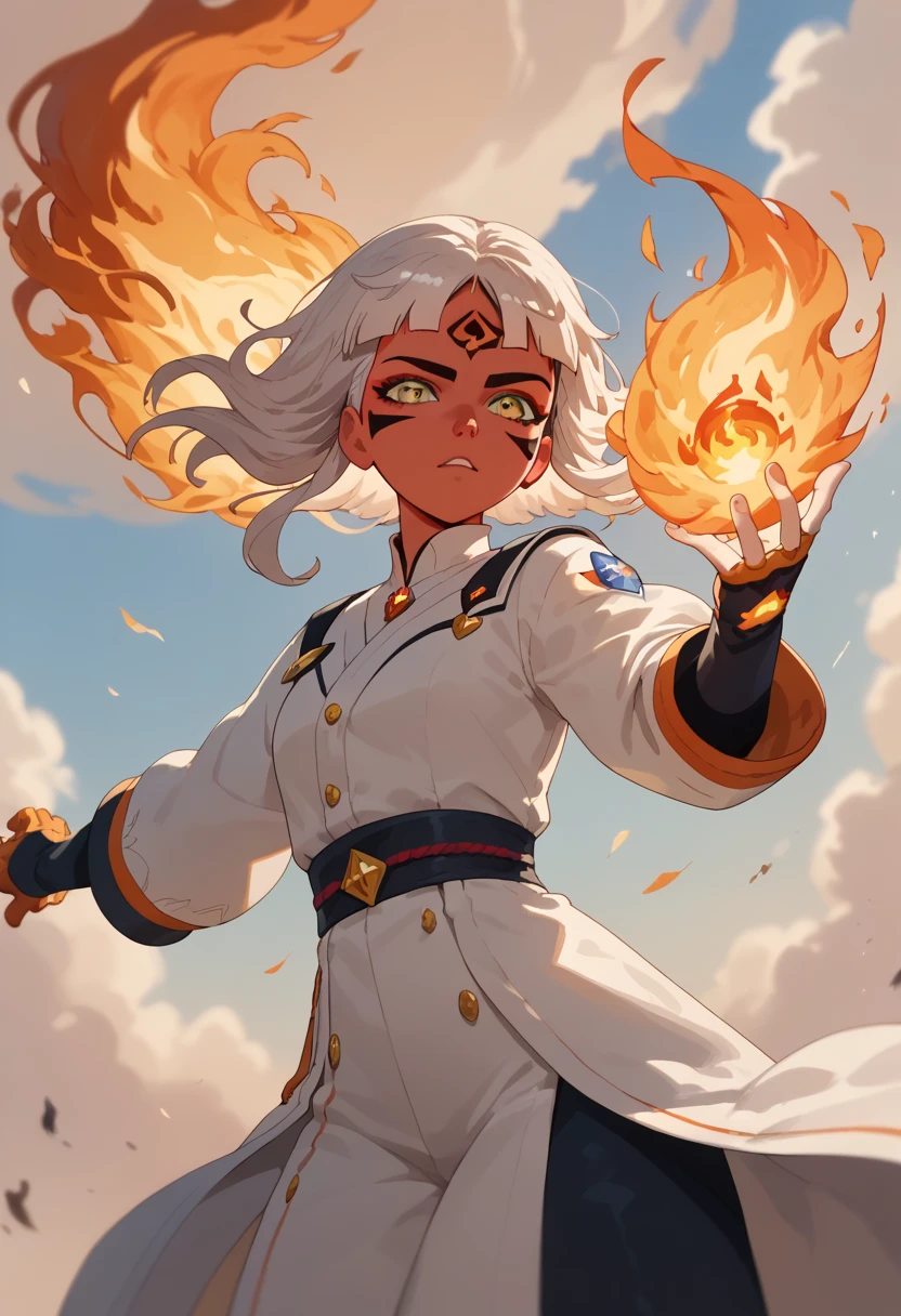 woman, fire hair, white skin, red face paint, jentry chau, anime style, fire powers, yellow eyes, white hair, feline third eye on forehead, fire in hands, voluminous hair, standing flying in the sky, orange twilight sky