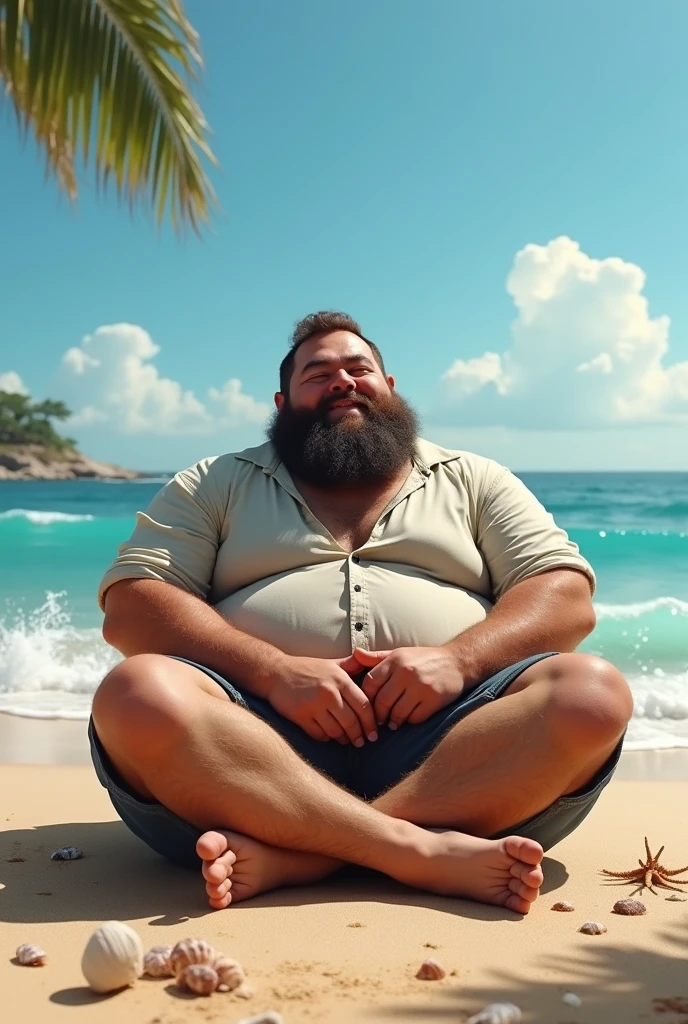 Huge, strong, hairy, bearded, mixed race Brazilian man in a black thong lying on the sand of the beach with glasses on his face enjoying the sun on the banks of a lagoon surrounded by greenery.