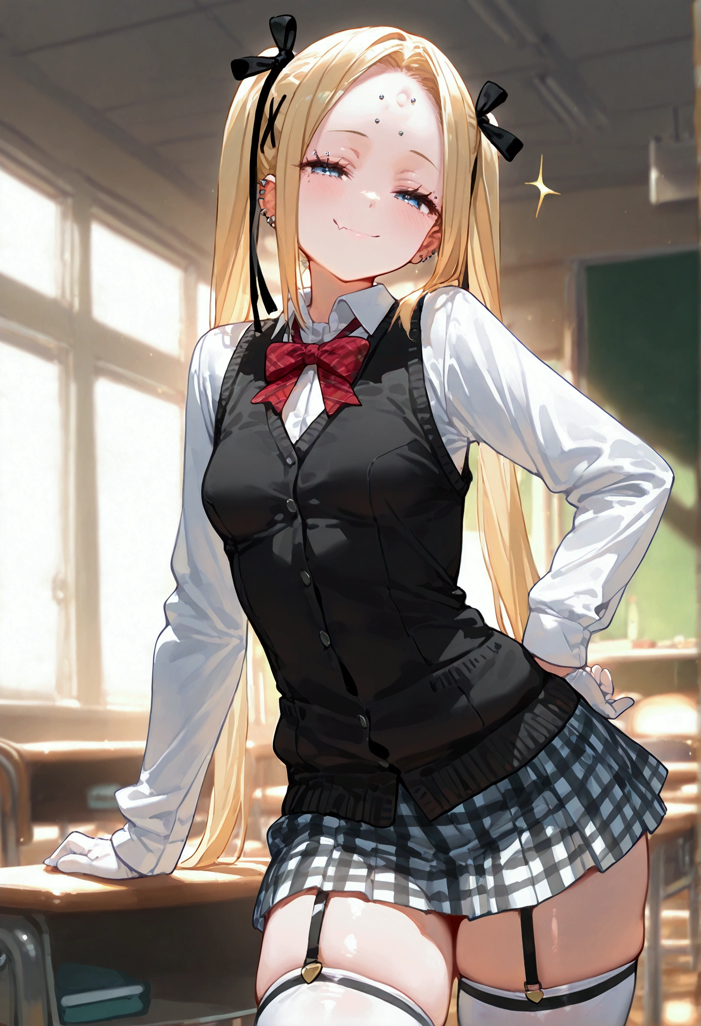 Marie rose, small breasts, one girl、 blonde hair、 Long Hair、twin tails、blunt bangs、 blue eyes, ((masterpiece、 top quality、 very detailed))、 One Girl 、 black hair、twintails、((Forehead))、 gray eyes、mesugaki, smug, skin fang、((lots of piercing))、(( small breasts))、(( White collared shirt ))、((black cardigan vest))、 bow tie 、((gray plaid skirt))、((micro miniskirt))、((white thighhighs))、 Cowboy Shot 、 Classroom Background 