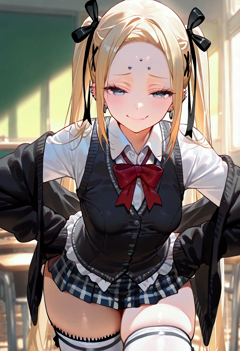 Marie rose, small breasts, one girl、 blonde hair、 Long Hair、twin tails、blunt bangs、 blue eyes, ((masterpiece、 top quality、 very detailed))、 One Girl 、 black hair、twintails、((Forehead))、 gray eyes、mesugaki, smug, skin fang、((lots of piercing))、(( small breasts))、(( White collared shirt ))、((black cardigan vest))、 bow tie 、((gray plaid skirt))、((micro miniskirt))、((white thighhighs))、 Cowboy Shot 、 Classroom Background 