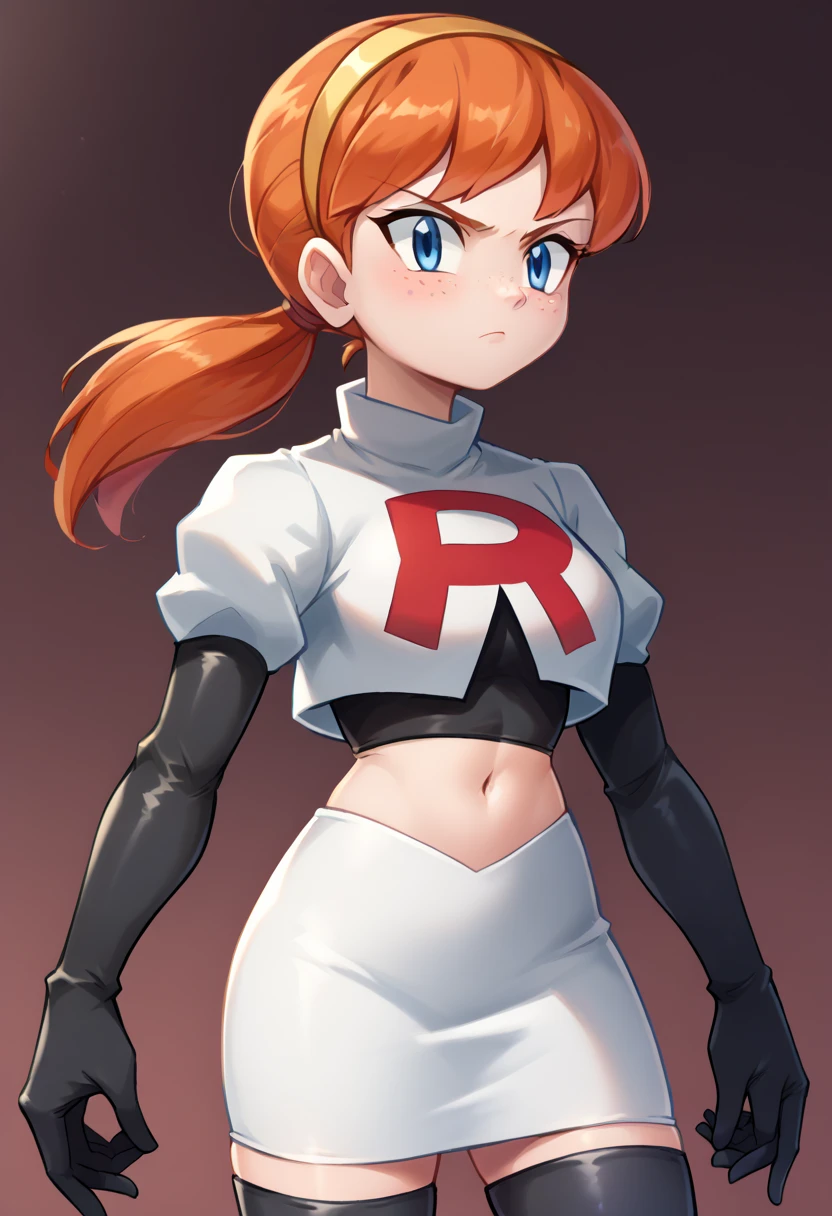 score_9,score_8_up,score_7_up BREAK april2012,1girl,solo,blue eyes,freckles,ponytail,hairband,orange hair,team rocket,team rocket uniform,white skirt,red letter R,crop top,black thigh-highs,black elbow gloves