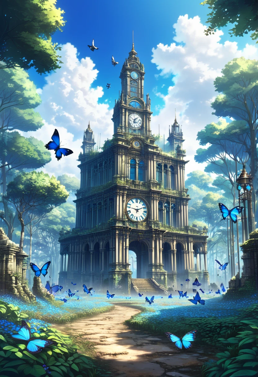  It's a very large building with a clock at the top,   in the forest with blue butterflies ,  pixiv contest winning work ,  Fantasy Art , Ornate Urban Ruins ,  Huge ancient ruins , Ruins, The background is ruins,  Huge ancient ruins , Complex Environment, Ruined city background , Fantasy architecture, Intricate Scenery , Ruins in the background,  anime scene concept art 