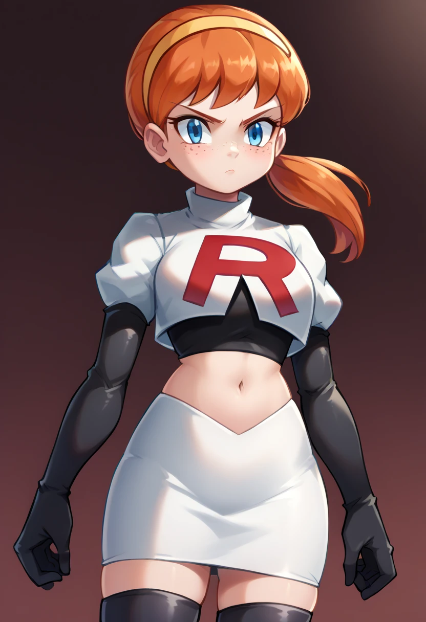 score_9,score_8_up,score_7_up BREAK april2012,1girl,solo,blue eyes,freckles,ponytail,hairband,orange hair,team rocket,team rocket uniform,white skirt,red letter R,crop top,black thigh-highs,black elbow gloves