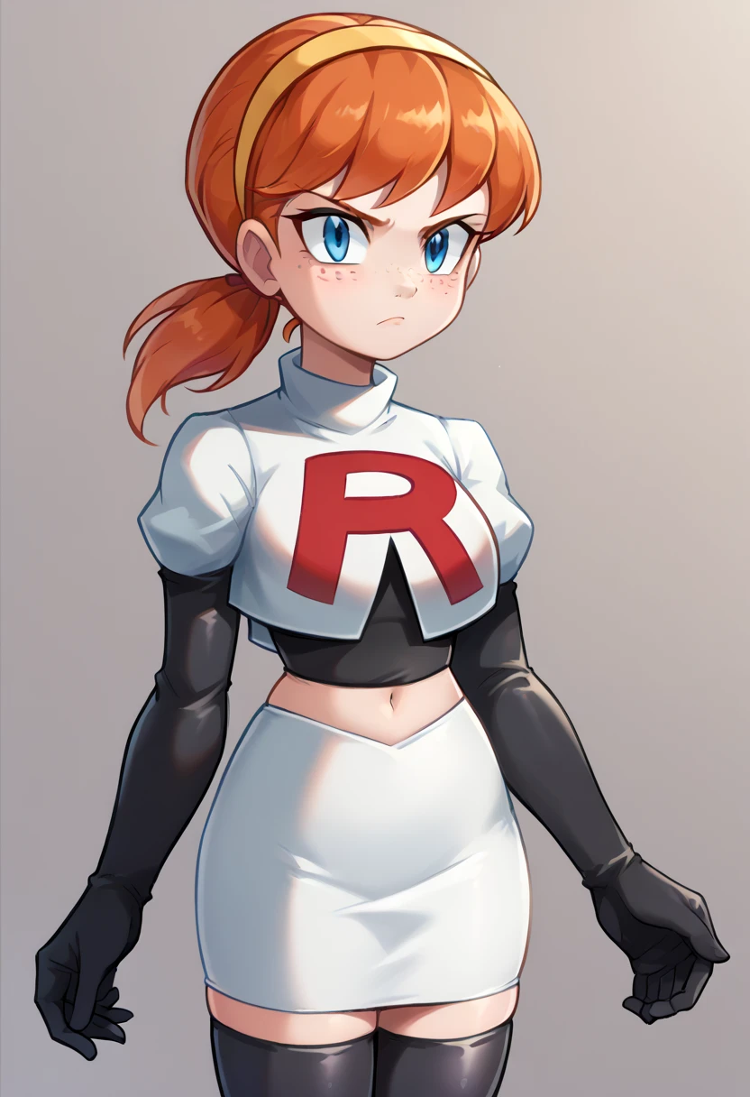 score_9,score_8_up,score_7_up BREAK april2012,1girl,solo,blue eyes,freckles,ponytail,hairband,orange hair,team rocket,team rocket uniform,white skirt,red letter R,crop top,black thigh-highs,black elbow gloves