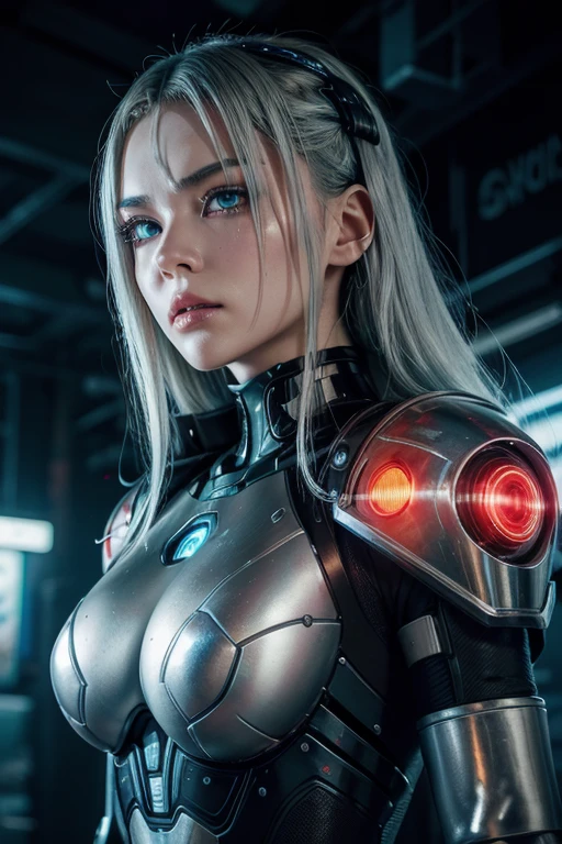 A stunning cyberpunk android with loose silver hair and blue eyes , that looks up with a serene expression . Her body combines elegant black armor and vibrant red cybernetic components with bright inscriptions . The background features industrial walls covered in graffiti with bright neon Japanese calligraphy , crisp shadows and an intense contrast . Ultra-detailed futuristic style , cinematic lighting .