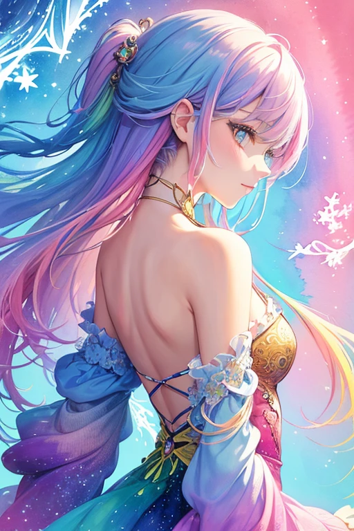 (masterpiece, top quality, best quality,watercolor (medium),official art, beautiful and aesthetic:1.2),(1girl:1.3), (fractal art:1.3),upper body, from side, looking at viewer,patterns,(rainbow color Hair,colorful hair,half blue and half pink hair:1.2),water,liquid, cloud,colorful, starry,stars,