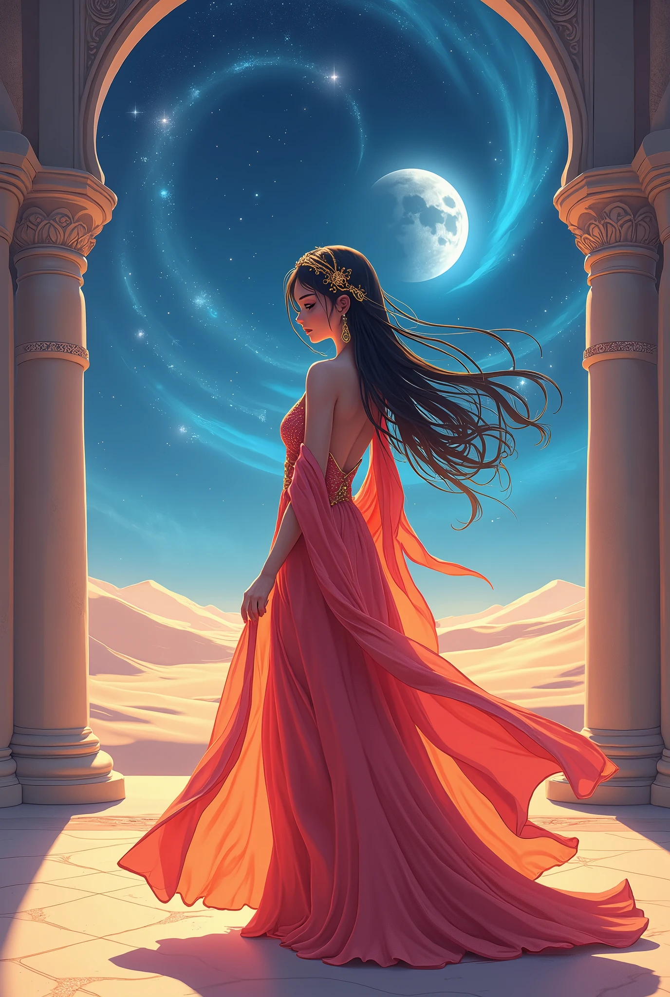 Arabian Nights,  Desert Palace , Queen of the Desert, The beautiful goddess in the anime , Bright, brightly colored dresses, earrings,  necklace,  hair ornament, Jewelry,  body is facing this way, Swirling galaxies on the lunar desert ,  A Beautiful Night Sky ,  moonlight,  animation art, 