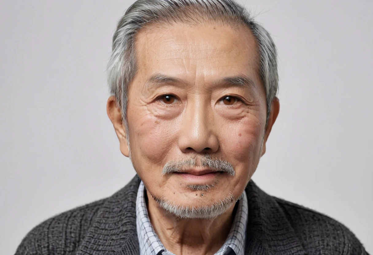 90-year-old man、Asian look , Gray Hair, Cut like an old man,  caramel eyes 　 gentle expression