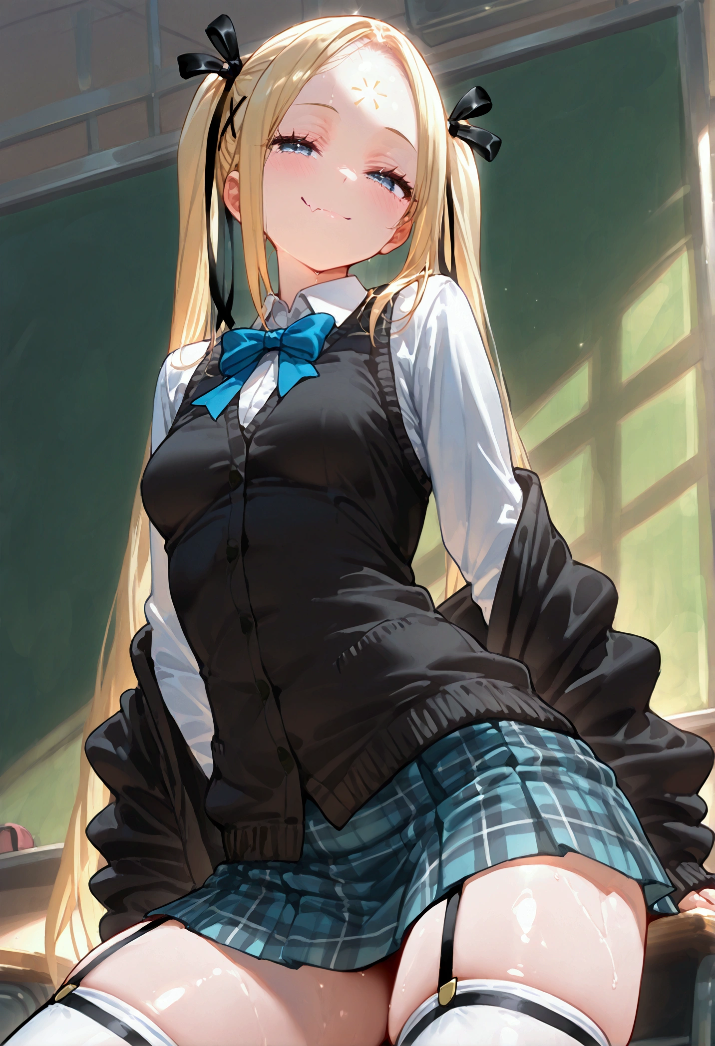 Marie rose, small breasts, one girl、 blonde hair、 Long Hair、twin tails、blunt bangs、 blue eyes, ((masterpiece、 top quality、 very detailed))、 One Girl 、 black hair、twintails、((Forehead))、 gray eyes、mesugaki, smug, skin fang, (( small breasts))、(( White collared shirt ))、((black cardigan vest))、 bow tie 、((gray plaid skirt))、((micro miniskirt))、((white thighhighs))、 Cowboy Shot 、 Classroom Background , shiny skin