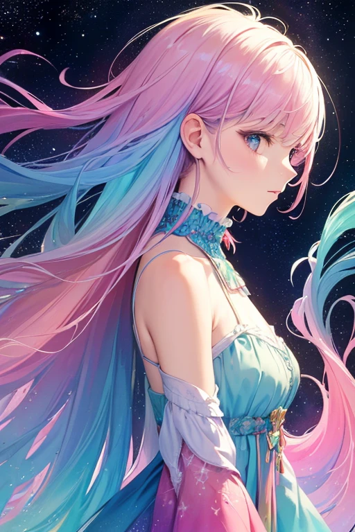 (masterpiece, Highest quality, Highest quality,watercolor (Moderate),Official Art, beautifully、beautiful:1.2),(One Girl:1.3), (Fractal Art:1.3),Upper Body, look up,pattern,(Rainbow Hair,colorful hair,Half blue、Half pink hair:1.2),water,liquid, cloud,colorful, Starry Sky,performer,Large Breasts、tears