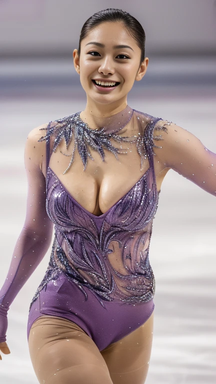 ((masterpiece)), ((Highest quality)), (Very detailed),(Ultra-high resolution:1.0),(High saturation:1.0),50 years old,Mature Woman,Big Breasts,1 person,Beautiful and delicate skin,whole body,thin,Fair skin, big ,I am wearing a figure skating mini dress.,smile,Skating rink,Figure skater,drop down,