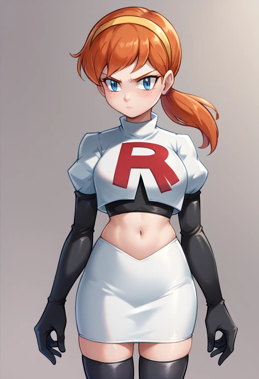 score_9,score_8_up,score_7_up BREAK april2012,1girl,solo,blue eyes,freckles,ponytail,hairband,orange hair,team rocket,team rocket uniform,white skirt,red letter R,crop top,black thigh-highs,black elbow gloves