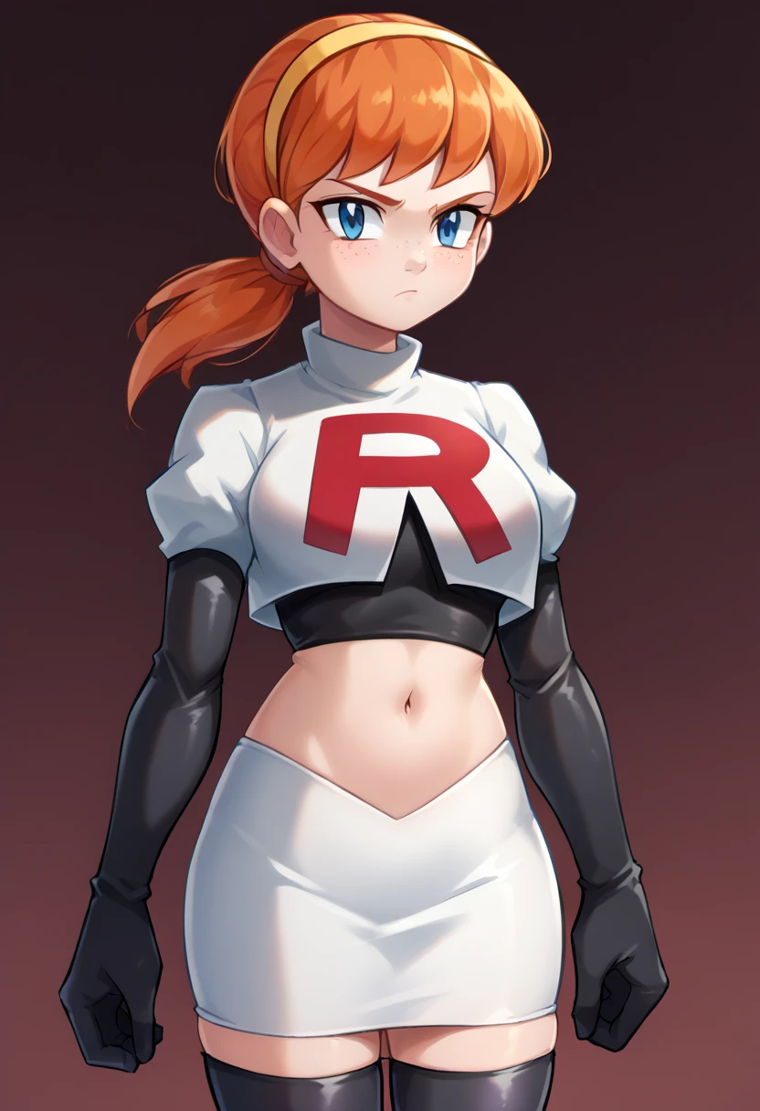 score_9,score_8_up,score_7_up BREAK april2012,1girl,solo,blue eyes,freckles,ponytail,hairband,orange hair,team rocket,team rocket uniform,white skirt,red letter R,crop top,black thigh-highs,black elbow gloves