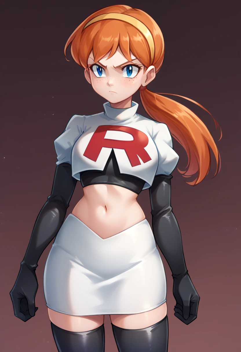 score_9,score_8_up,score_7_up BREAK april2012,1girl,solo,blue eyes,freckles,ponytail,hairband,orange hair,team rocket,team rocket uniform,white skirt,red letter R,crop top,black thigh-highs,black elbow gloves