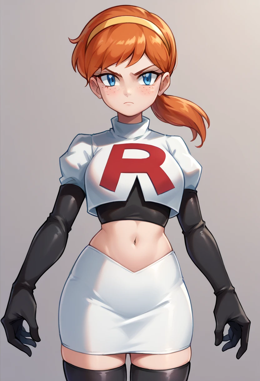 score_9,score_8_up,score_7_up BREAK april2012,1girl,solo,blue eyes,freckles,ponytail,hairband,orange hair,team rocket,team rocket uniform,white skirt,red letter R,crop top,black thigh-highs,black elbow gloves