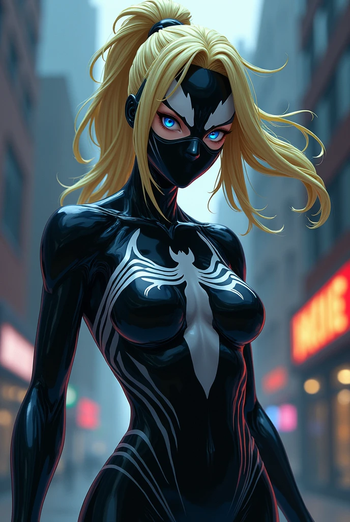 4K，realisticlying，Glamorous，The is very detailed，There is a girl in Dingcheng，Blonde hair，Wearing a black Spider-Man costume，（Black and white：1.4） the night,symbiote，venomize，a large amount of mucus,she is a spiderman，Black superhero theme，In front of the sky，Flushed complexion，( Open legs， camel-toe，， Vulvar shape：1.3）,(GGCameltoe:1.3)Legs apart，25 age old，full bodyesbian