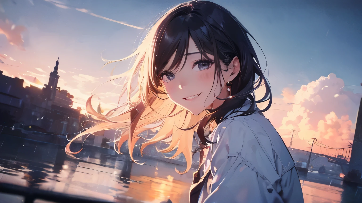 ( One Girl , 28 years old:1.3), ( realistic :1.4), (masterpiece,  top quality ,  top quality ,  Official Art),  very detailed,  most detailed, ( super detailed ), (( so delicate and beautiful)), Cinematic Light, ( realistic ally:1.3), (  very detailedスキン:1.2),  high res,  8K Ultra HD , 4K, 8k, Bokeh,  dslr camera for your birthday,（Cute sister:1.3）、 has long eyelashes、Close eyes 、smile、 Night Town、((Strong winds))、  Dynamic Angles , from below, Mid-chest、 focusing on bust 、 V-neck, Open your legs a little、、 skirt、Brown Hair、shy、 wet、rain、Gazing at the sky、A big smile