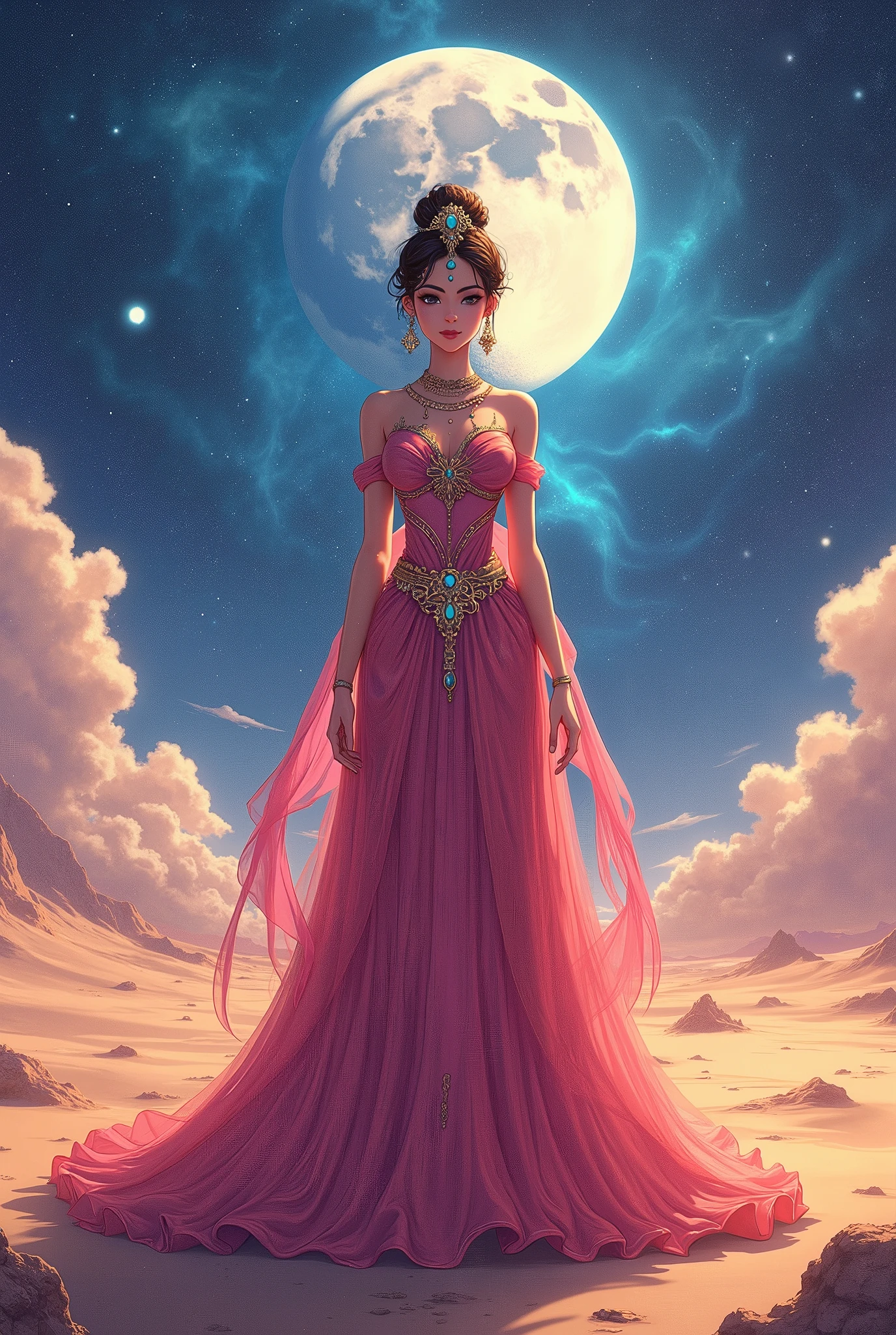  Desert Palace , Queen of the Desert, The beautiful goddess in the anime , Bright, brightly colored dresses, earrings,  necklace,  hair ornament, Jewelry,  body is facing this way, Swirling galaxies on the lunar desert ,  A Beautiful Night Sky ,  moonlight,  animation art, 