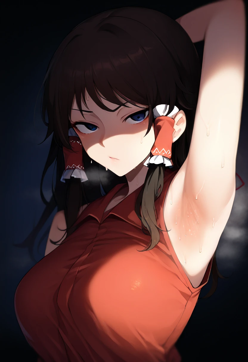 masterpiece,best,great,1girl,solo,large breasts,ambient composition,trmcstyle,(forsaken eyes:1),hakurei reimu,miko,red ribbon,hair tubes,looking at viewer,emotionless,underlighting,red shirt, sleeveless shirt, arm up, armpit, smell, sweaty armpit