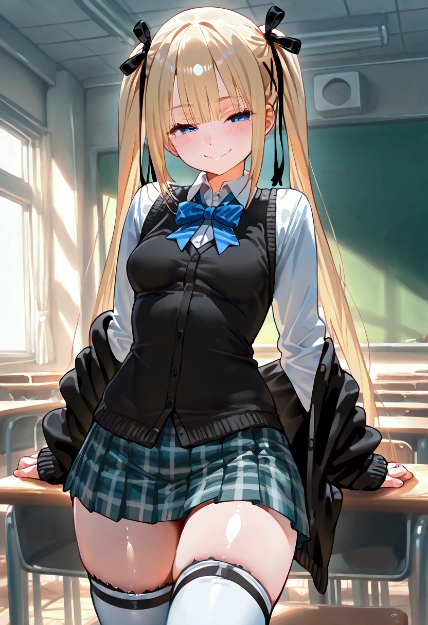 Marie rose, small breasts, one girl、 blonde hair、 Long Hair、twin tails、blunt bangs、 blue eyes, ((masterpiece、 top quality、 very detailed))、 One Girl 、 black hair、twintailsblue eyes、mesugaki, smug, skin fang, (( small breasts))、(( White collared shirt ))、((black cardigan vest))、 bow tie 、((gray plaid skirt))、((micro miniskirt))、((white thighhighs))、 Cowboy Shot 、 Classroom Background , shiny skin