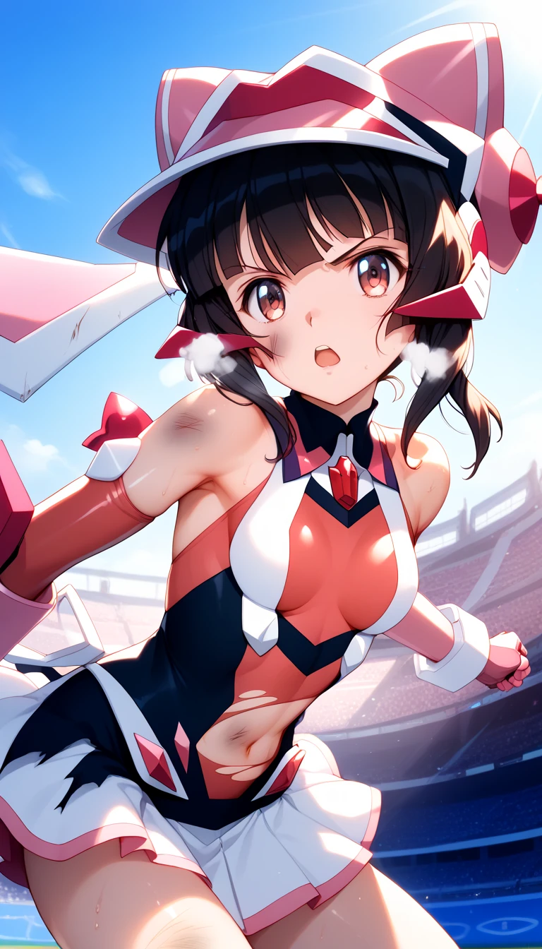  top quality ,  soft light during the cruise,  super high res,  cute, Beautiful face in every detail , high resolution details of human skin texture, shiny skin,sweat,Heat, white breath ,Take a deep breath,Tsukuyomi Cho, black hair,, battle costume,Outdoor Arena,sunlight, serious eyes,Ready,Big eyes, Symphogear ,armed gear , open mouth ,Fighting pose,bruised body, has a weapon , wearing a hat, hair ornament, torn clothes 