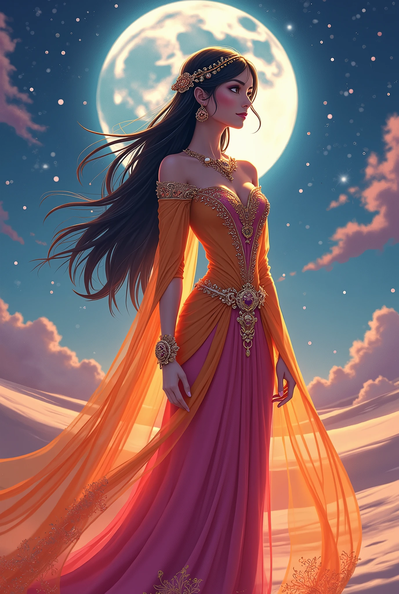  Arabic,  Desert Palace , Queen of the Desert, The beautiful goddess in the anime , Bright, brightly colored dresses, earrings,  necklace,  hair ornament, Jewelry,  body is facing this way, Swirling galaxies on the lunar desert ,  A Beautiful Night Sky ,  moonlight,  animation art, 