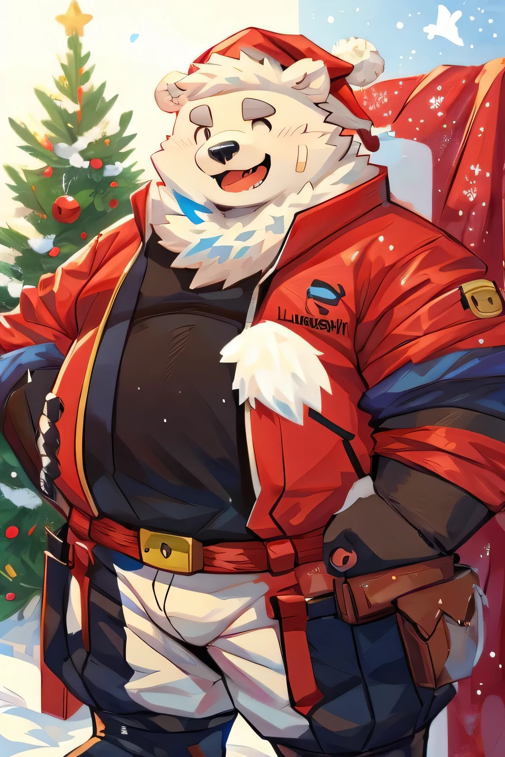 （@96panda _By hk）Gained weight、Being overweight、Dog Beast Man、fur、Fluffy、 cute、（blush、 tired face、）Drooling、saliva、（（naked）））、 shot from a distance、 anime style、two boy、(Yohack and bear)、Playing in the snow、 Santa Claus 、 Christmas tree、xMasbernie , gloves, thigh boots, long sleeves, santa hat, scarf, fur trim