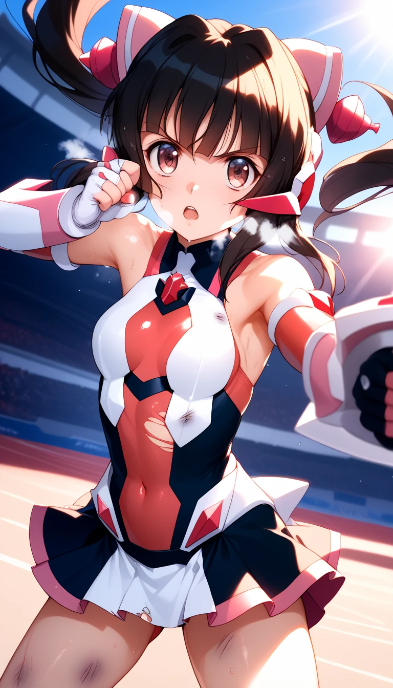  top quality ,  soft light during the cruise,  super high res,  cute, Beautiful face in every detail , high resolution details of human skin texture, shiny skin,sweat,Heat, white breath ,Take a deep breath,Tsukuyomi Cho, black hair,, battle costume,Outdoor Arena,sunlight, serious eyes,Ready,Big eyes, Symphogear ,armed gear , open mouth ,Fighting pose,bruised body, has a weapon , wearing a hat, hair ornament, torn clothes 