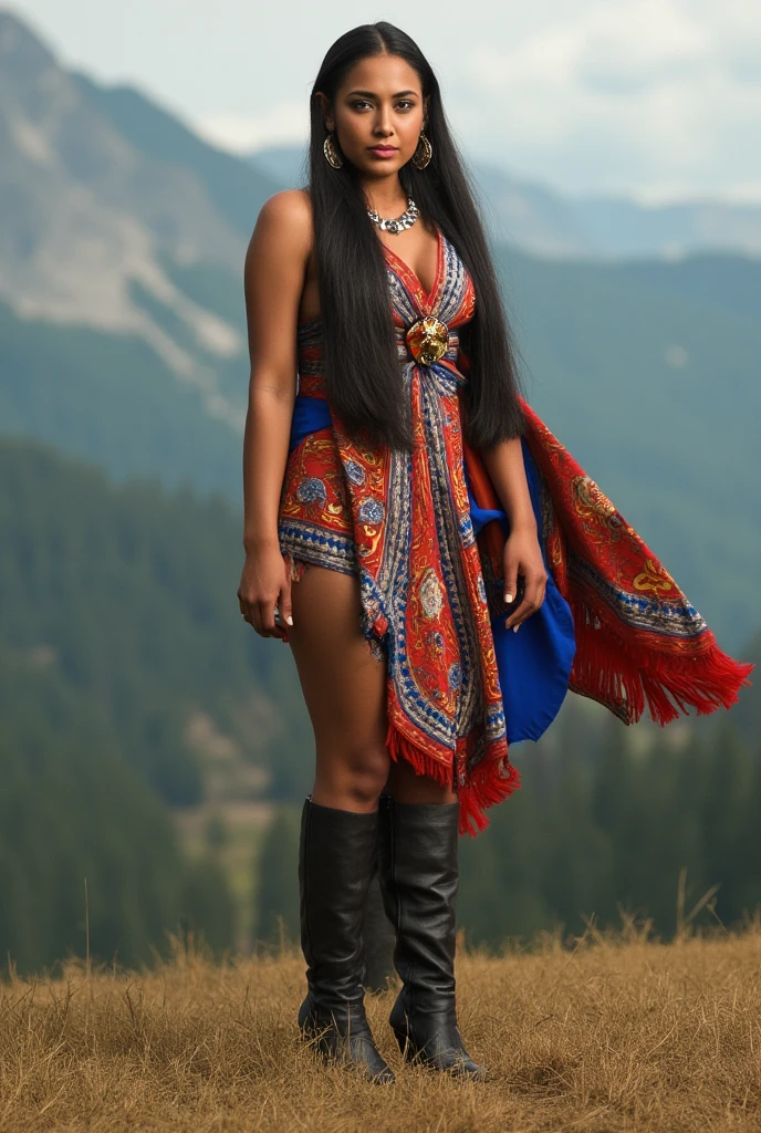 High resolution ultra detailed photography in 3d style of a 35 year old caucasian woman with long legs, woman's hairstyle is a rainbow mohawk hairstyle, clothing is a mix of steampunk and boho gypsy style, clothing is made of velvet with leather and lace, woman's model pose is dancing standing on a pedestal in a forest looking into the camera, the mood of the photograph is dark, slightly muscular body, long legs, clearly realistic face with long eyelashes and full lips and beautiful eyes