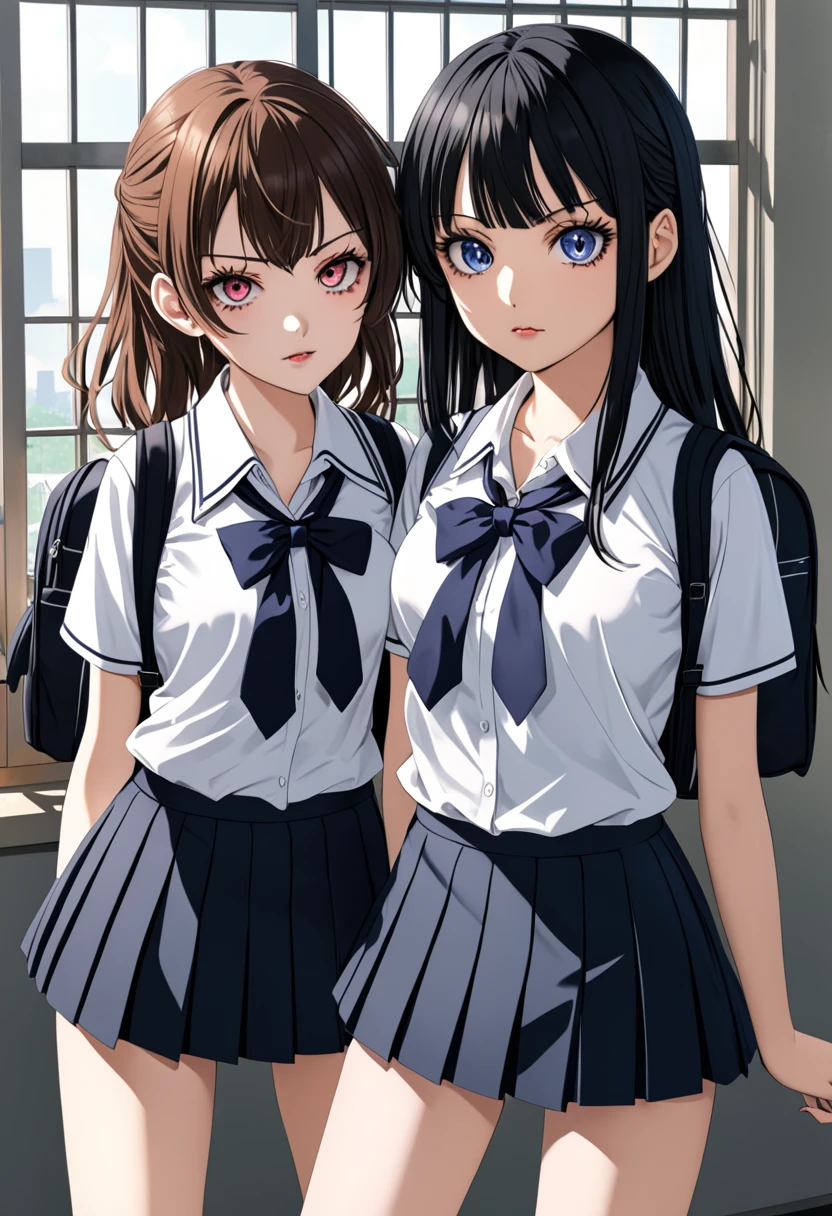 Two girls, two anime schoolgirl, bullies, beautiful detailed eyes,detailed lips, detailed eyes and face, long eyelashes, intimidating smirk, school uniform, 8k, detailed, full body, anime school uniform, sexy 