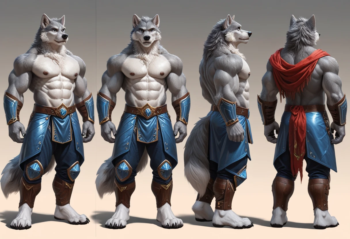 character_design, concept art, (model sheet), anthro, canid, mammal, canine, solo, armor, male, wolf, fur, claws, canis, hi res, standing, fingers, blue eyes, muscular anthro, muscular, were, clothing, muscular male, werecanid, 5 fingers, white body, digital media (artwork), simple background, white fur, black nose, grey body, front view, biped, pauldron, grey fur, 1 tail, (multiple angles), front view, rear view, 