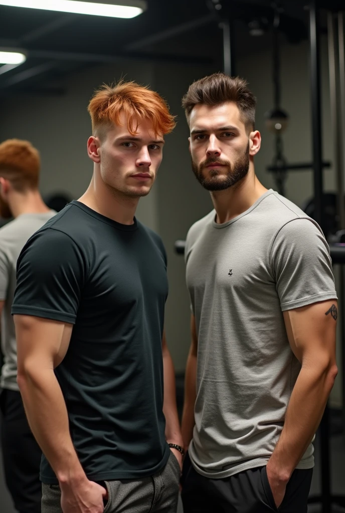 photo of three men, three young handsome viking boys,3 boys,muscular, wearing fireman black uniforms, firemenoutfit, wearing helmet, (masterpiece, best quality), wearing black fireman jacket, fireman gears, black fireman pants, blonde buzz cut hair, black shirt, bara, viking hunks, muscle strong arms, hairy, bearded, standing , in gym, reach for the camera, hairy crotch,