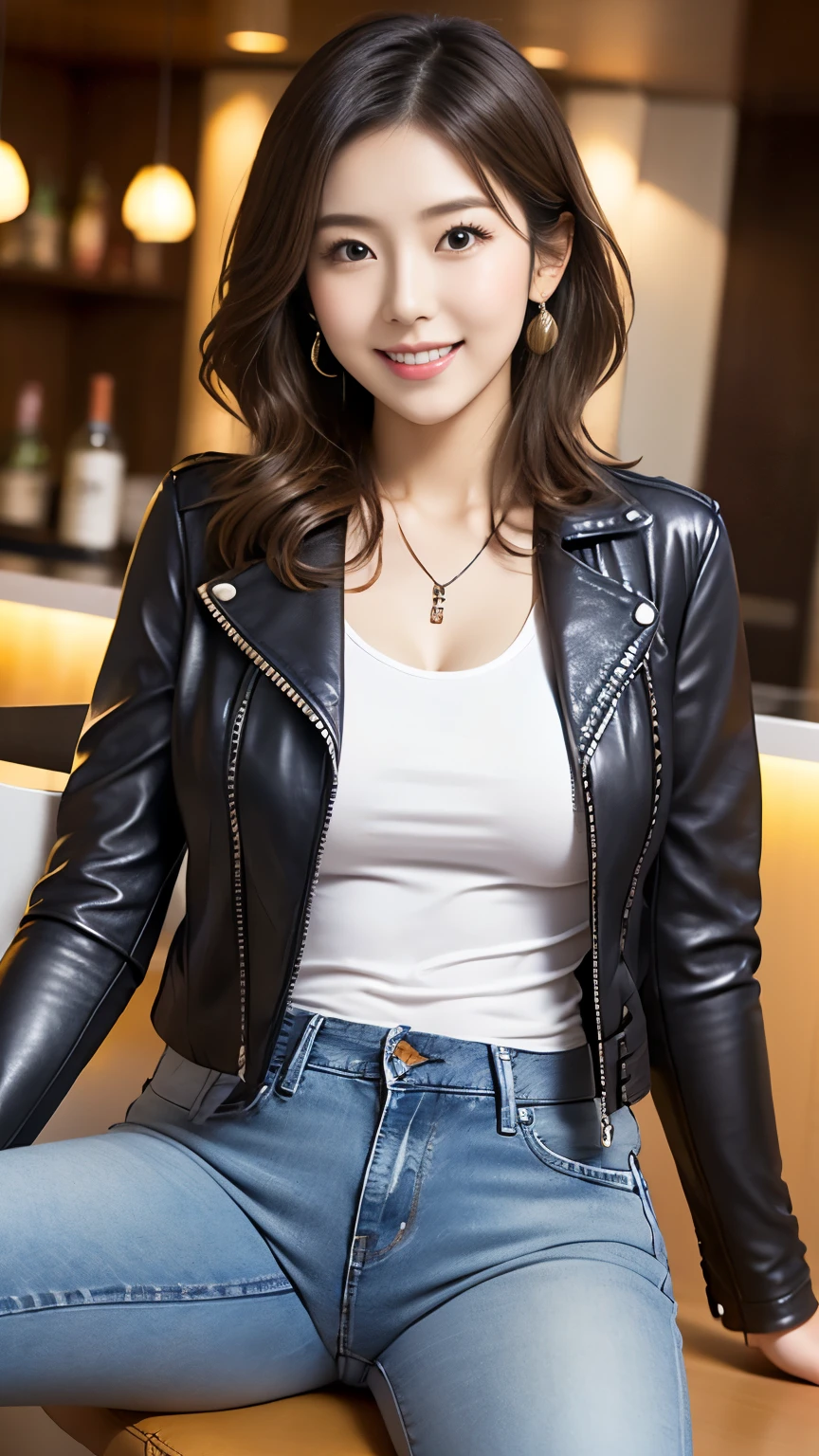  anatomically correct 5 finger 　 Beautiful Korean Woman in the Lounge 　 curly bob hair　 earrings for women with first name　 thin due to small things necklace　Hotel bar counter　Big Breasts　Enhancement of breast firmness　 plump thighs　Sensual body　((( leather jacket 　Ｔ shirt　Jeans)))  looking at camera　 cute charming smile with hands between legs