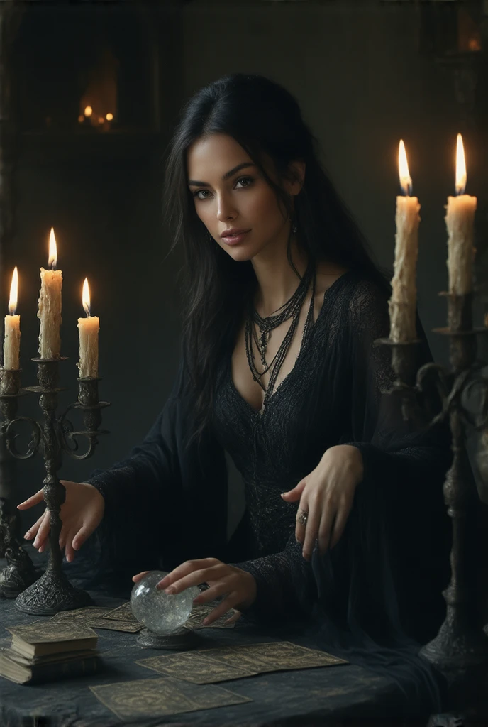 She is dressed as a seductive witch, wearing a form-fitting, black velvet gown with a plunging neckline and intricate lace detailing on the sleeves and bodice. The gown should have a flowing, floor-length skirt with a hint of shimmering fabric that catches the light subtly. She is adorned with silver jewelry, including a pendant with a mystical symbol, and her look is completed with dark, dramatic makeup and a hint of a smoky aura around her. The overall mood is mysterious and enchanting, with the subdued lighting enhancing the seductive and magical ambiance. (extremely detailed CG unity 8k wallpaper), (best quality), (best illustration), (best shadow), absurdres, realistic lighting, (Abyss), beautiful detailed glow, art by PeterMohrBacher,