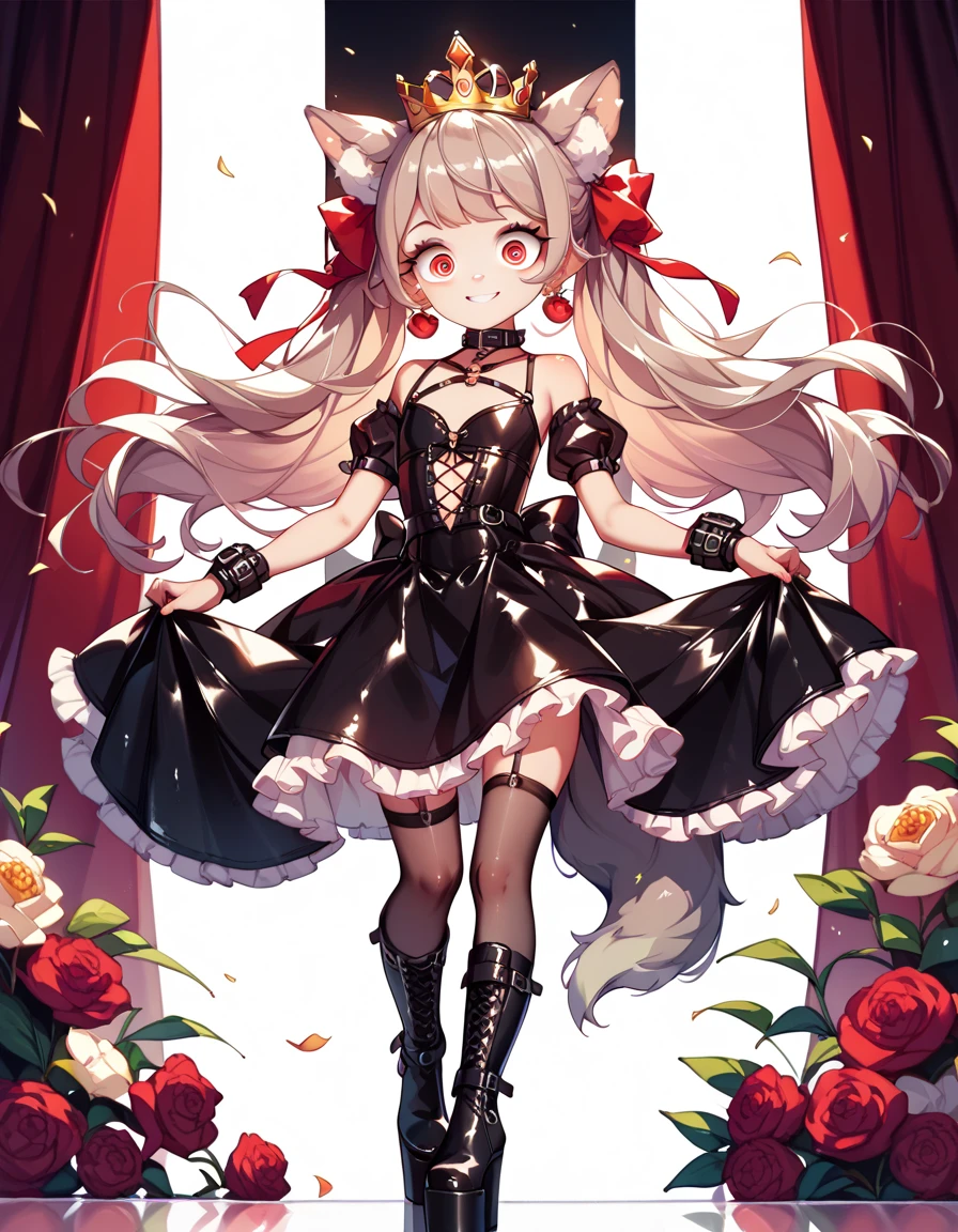   high image quality、  High Quality  、  girl、  big eyes、Droopy eyes、smile、pure、 crown、 wolf ear、 wolf tail 、 blondes、 Platform Boots、 princess、  leather bondage dress